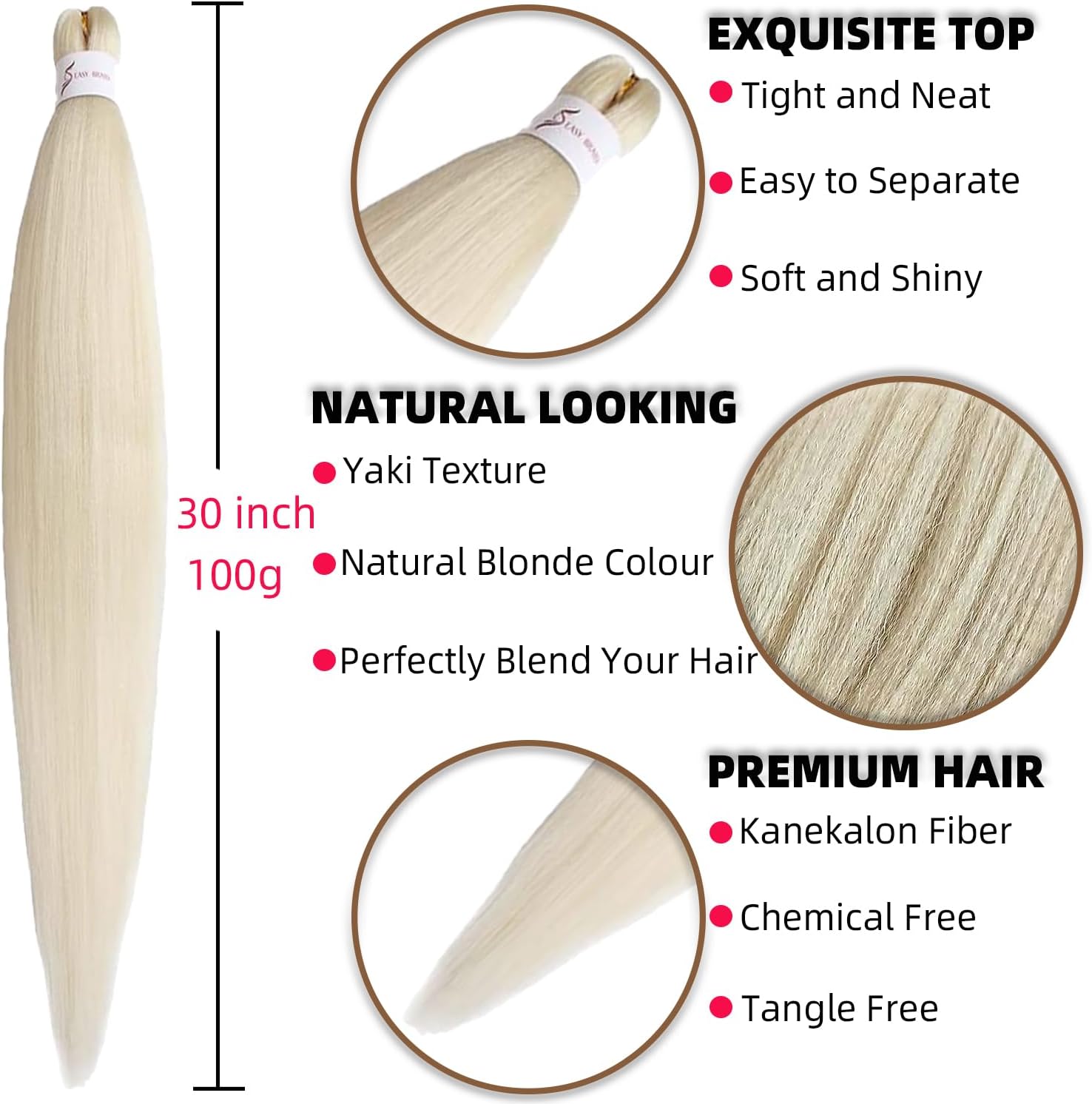 Rajout cheveux tressés - 30 pouces - blond #613, pré-étirés, 6 paquets