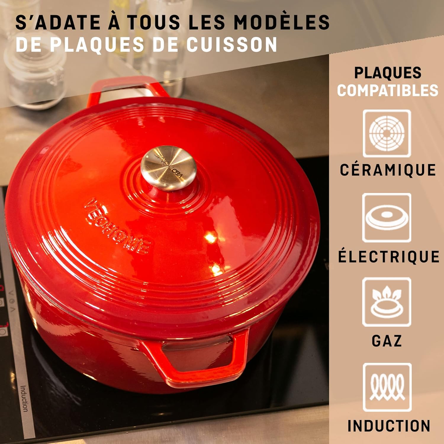 VeoHome - cocotte fonte émaillée 6L Ø28cm - induction, four, cuisson homogène