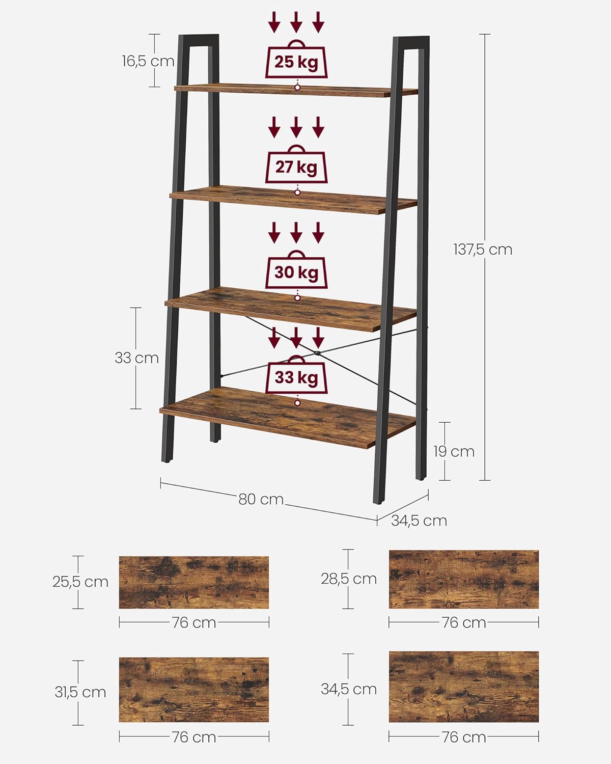 VASAGLE - étagère 4 niveaux - rangement acier marron noir - LLS144B01