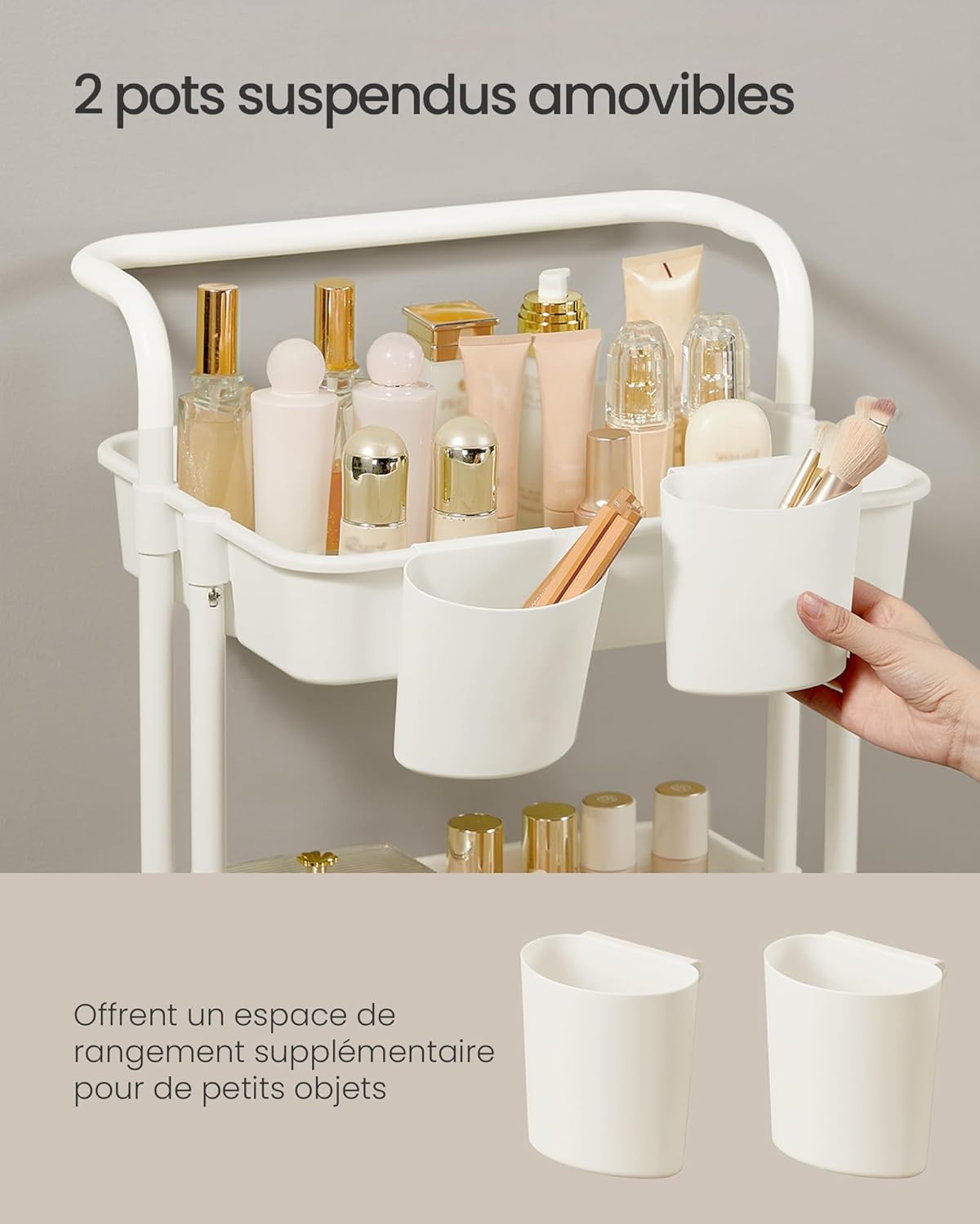 SONGMICS - chariot de rangement 3 niveaux - blanc - 2 pots, 2 freins, poignée, paniers plastiques - BSC067W01