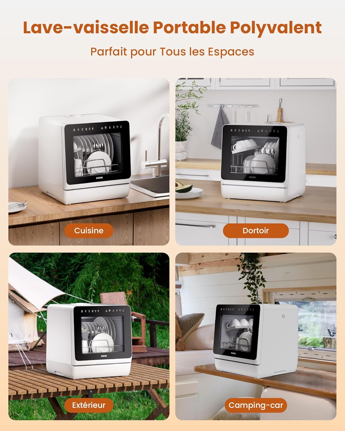 HAVA - lave-vaisselle compact série 2025 - efficace, 8 programmes, adoucisseur, verrou enfant, démarrage différé