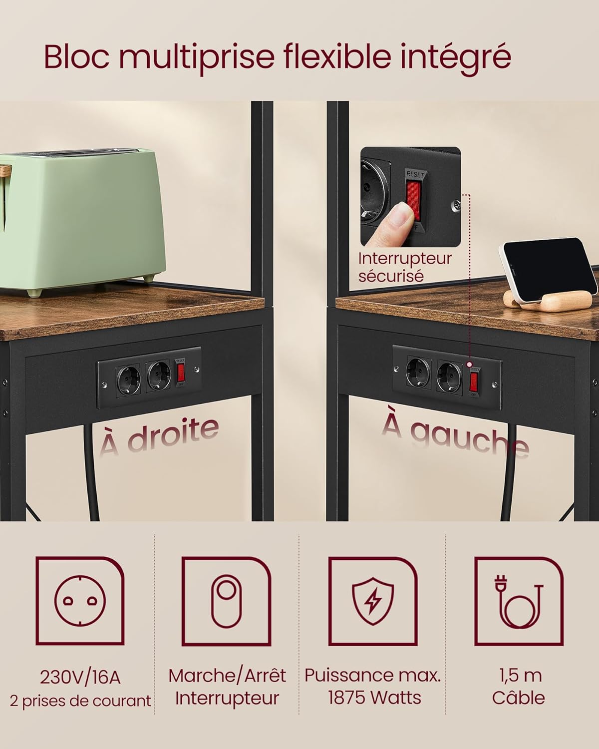 VASAGLE - étagère cuisine 4 niveaux, multiprise, 40x60x140 cm, KKS014K02