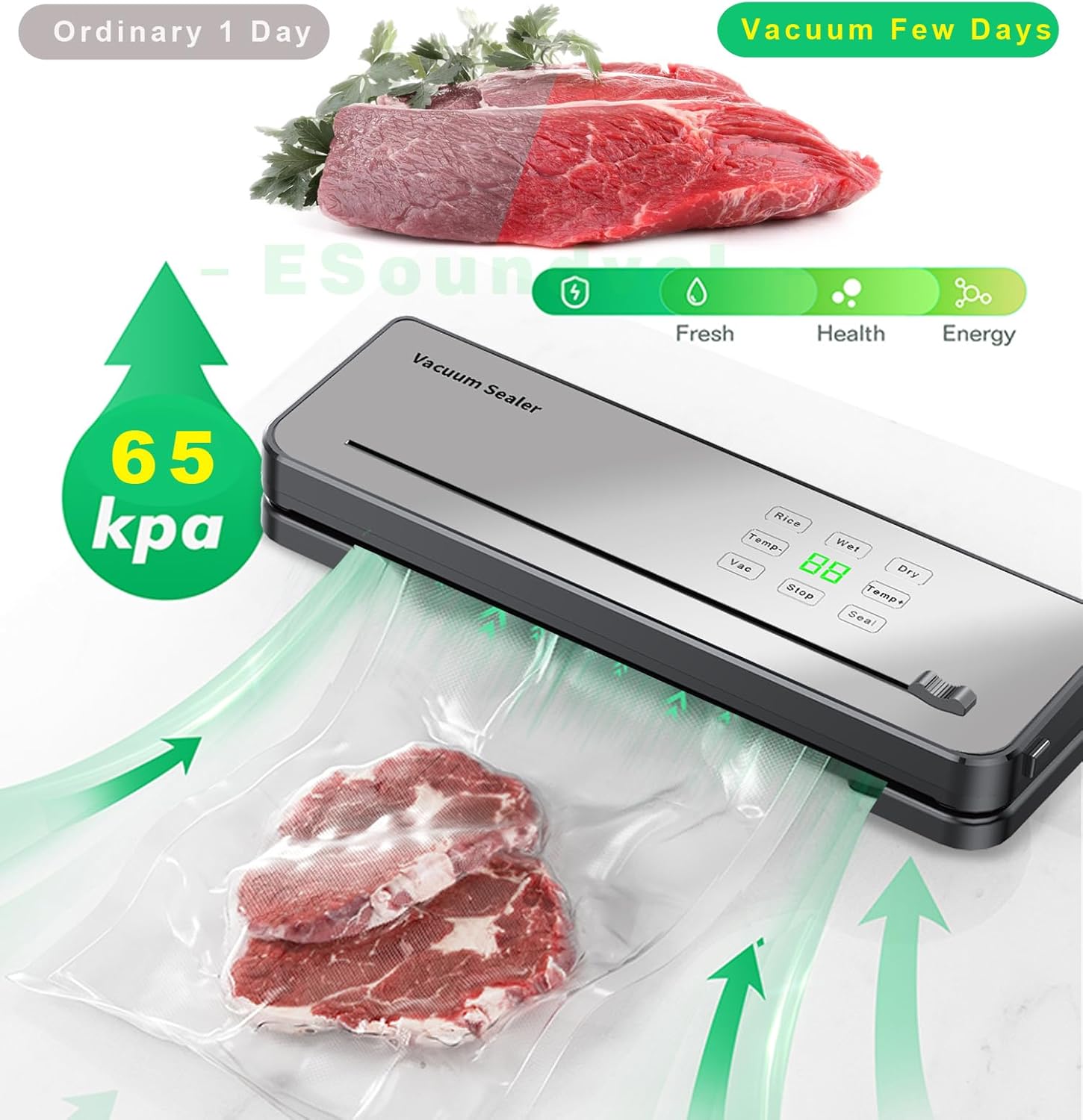 ESoundvol - Machine sous vide 8 en 1 - contrôle température, LED, coupe-aliments, 10 sacs