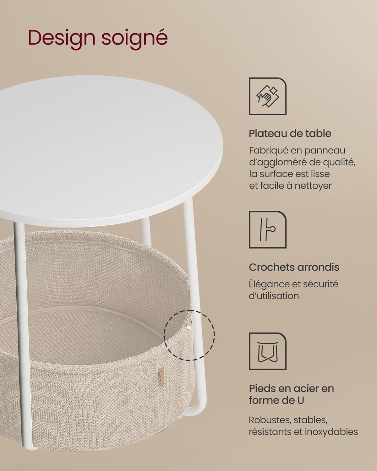 VASAGLE - Table basse ronde LET223W10 - compacte, panier tissu, blanc mat, marron, moderne, salon/chambre