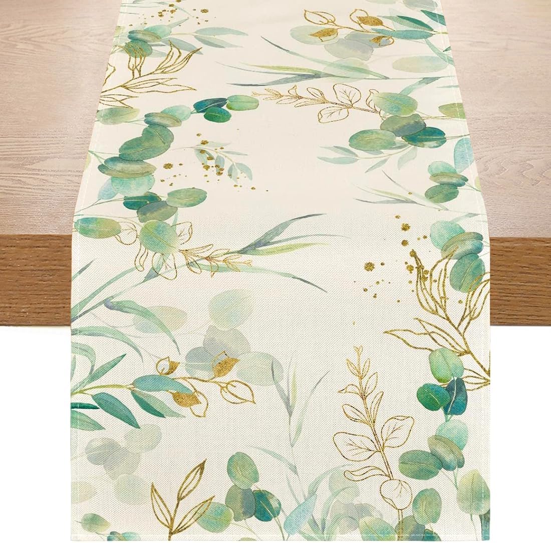 Chemin de table - imprimé feuilles vertes - 33x180 cm - lavable, déco cuisine et salon