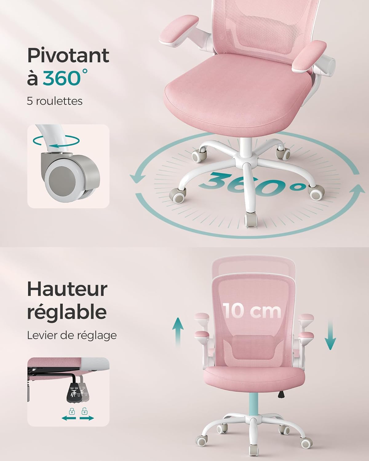 SONGMICS - chaise de bureau - 53 cm - ergonomique, maille, accoudoirs rabattables, support lombaire, OBN037R01