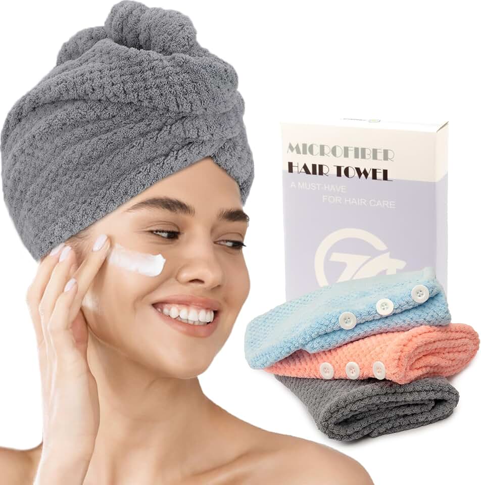 FREATECH – lot de 3 turbans microfibre – serviettes super absorbantes, anti-frisottis, bouton réglable – cheveux femmes/