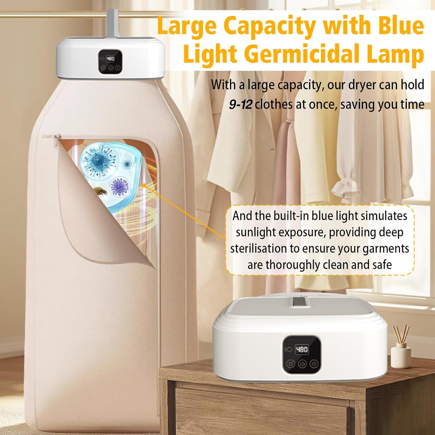 Sèche-linge portable pliable, minuterie 8h, UV, LED, chauffage PTC