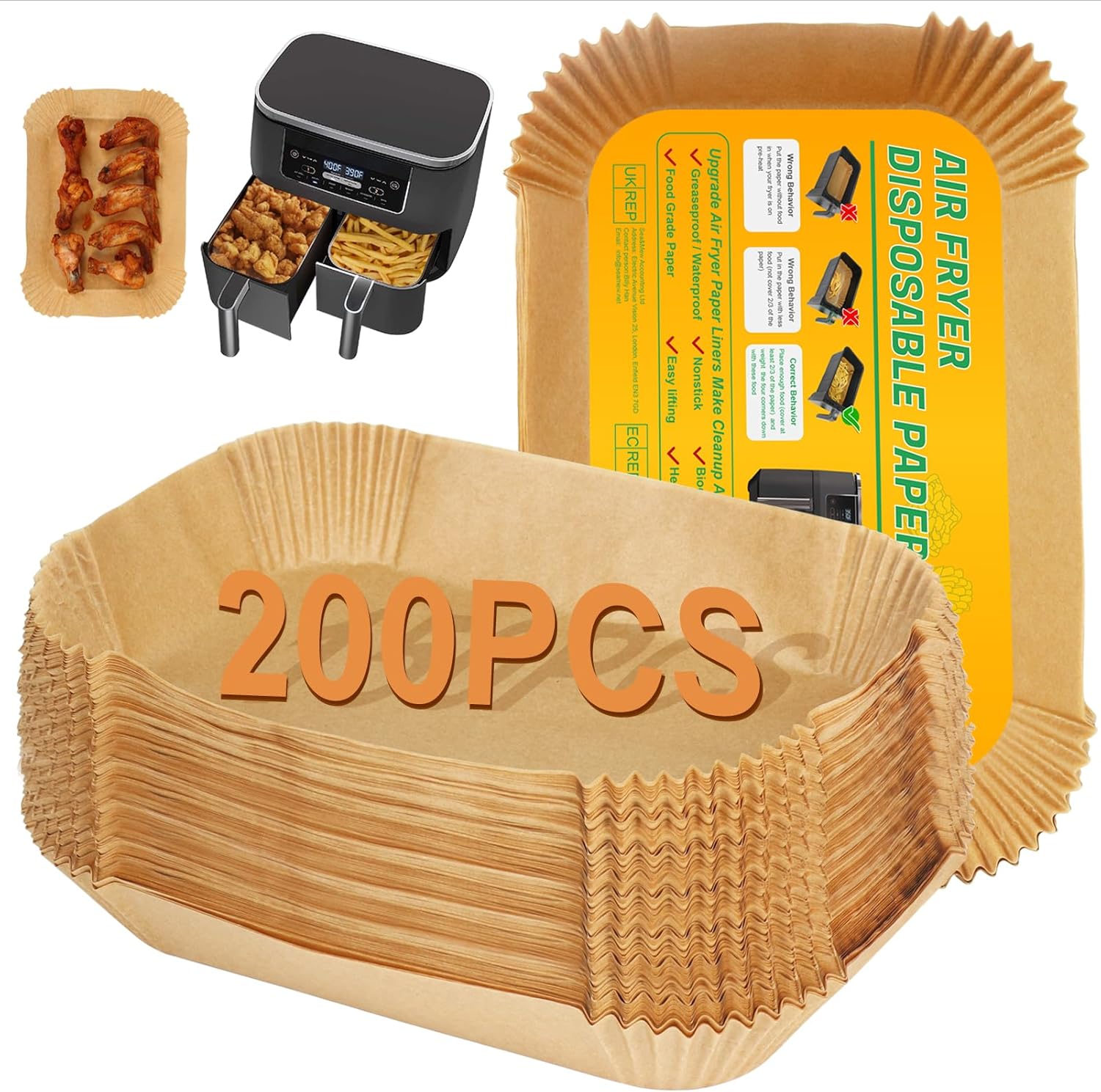 BYKITCHEN - papier cuisson friteuse - 200 pcs, 9,5L, accessoires air fryer, AF300EU/AF400EU/SL400EU