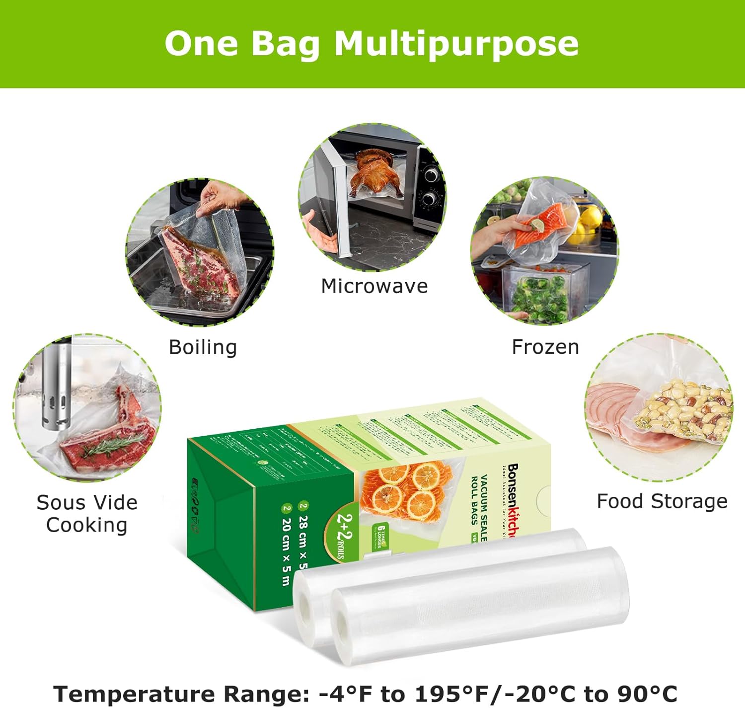 Bonsenkitchen - sacs sous vide VB42 - 20/28x500cm - sans BPA, conservation et cuisson