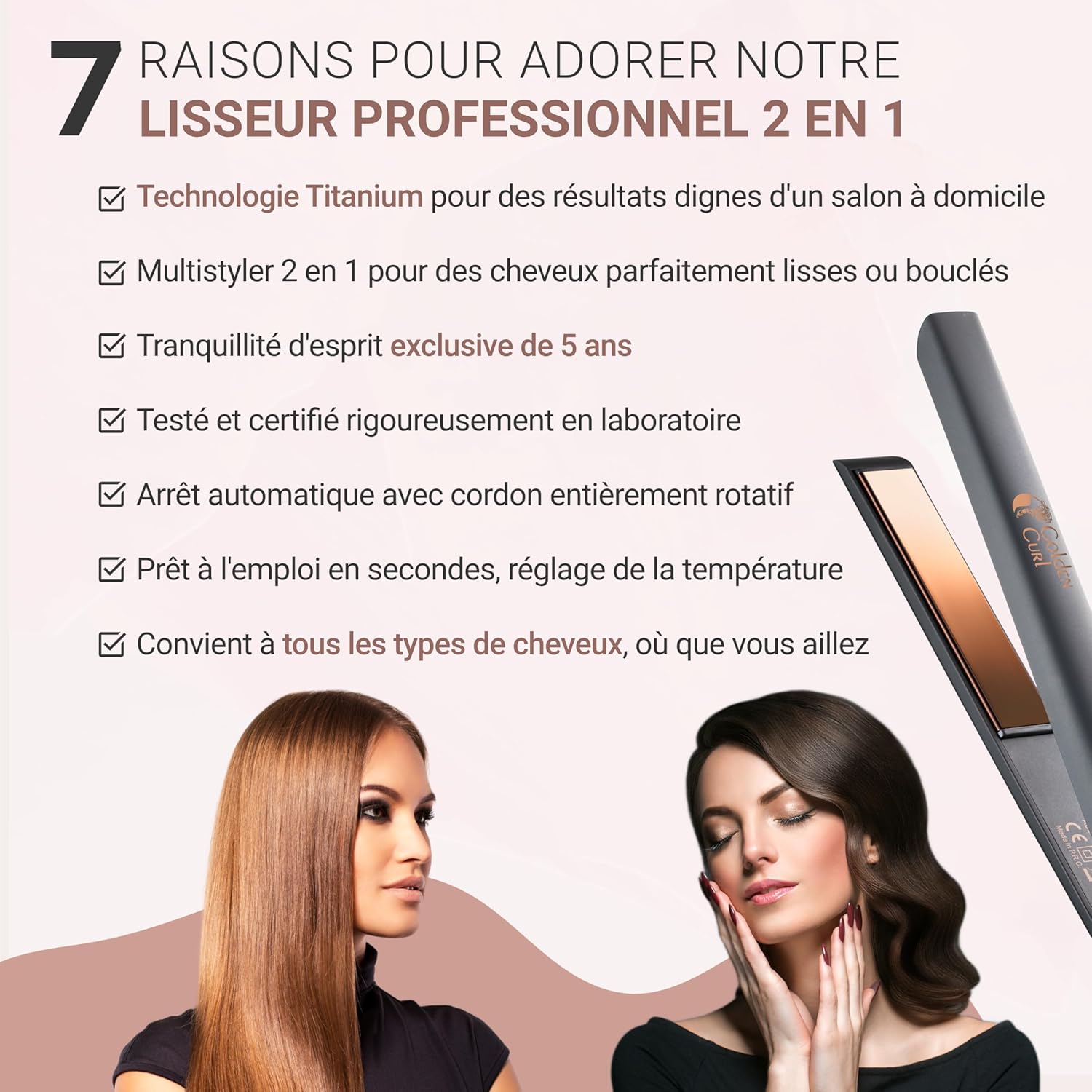 Golden Curl - Fer Lisseur Rose Gold - 2 en 1 lissage/boucles - 5 ans garantie