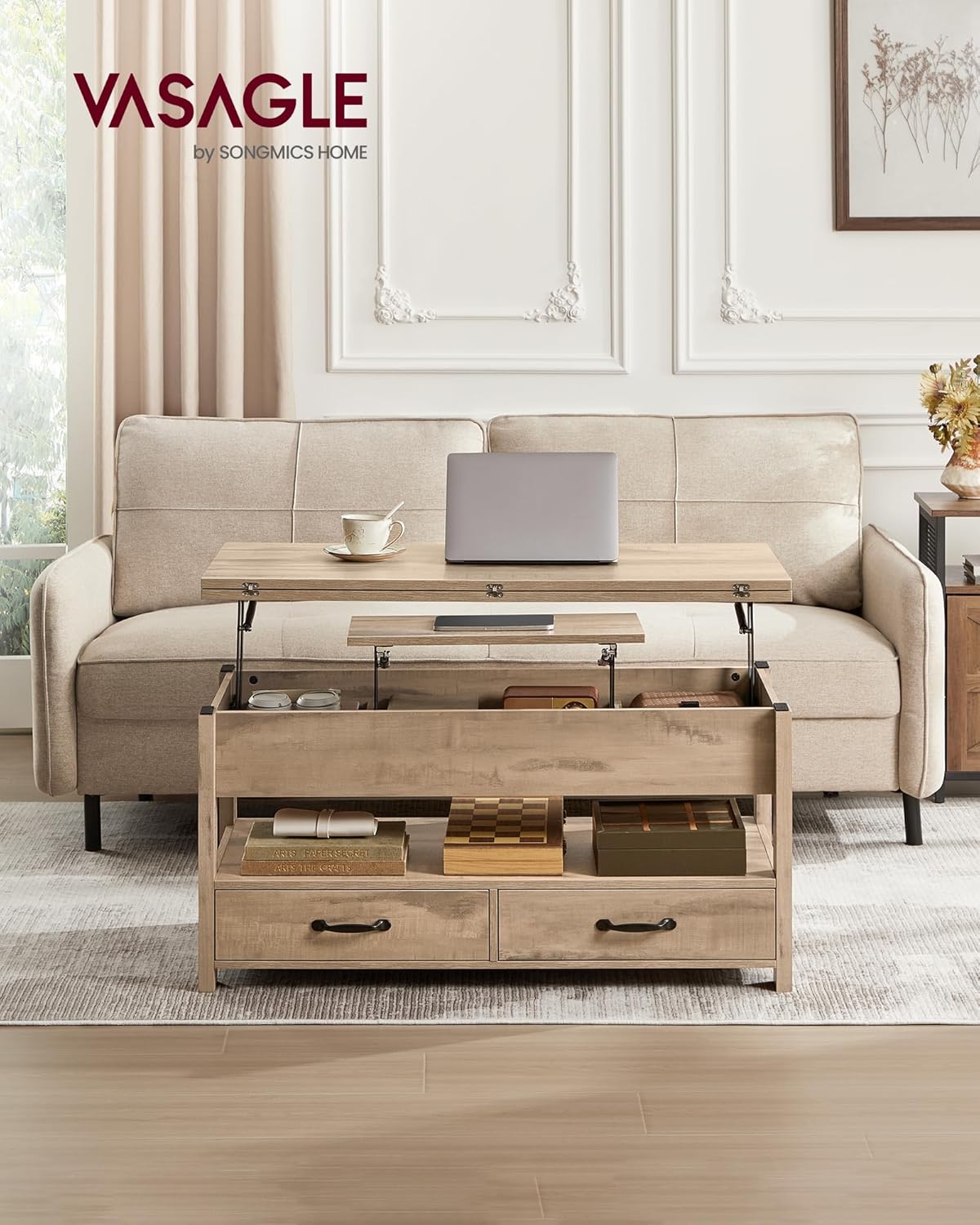 VASAGLE - table basse relevable série LCT - tiroirs, gaz, marron camel - LCT254L01