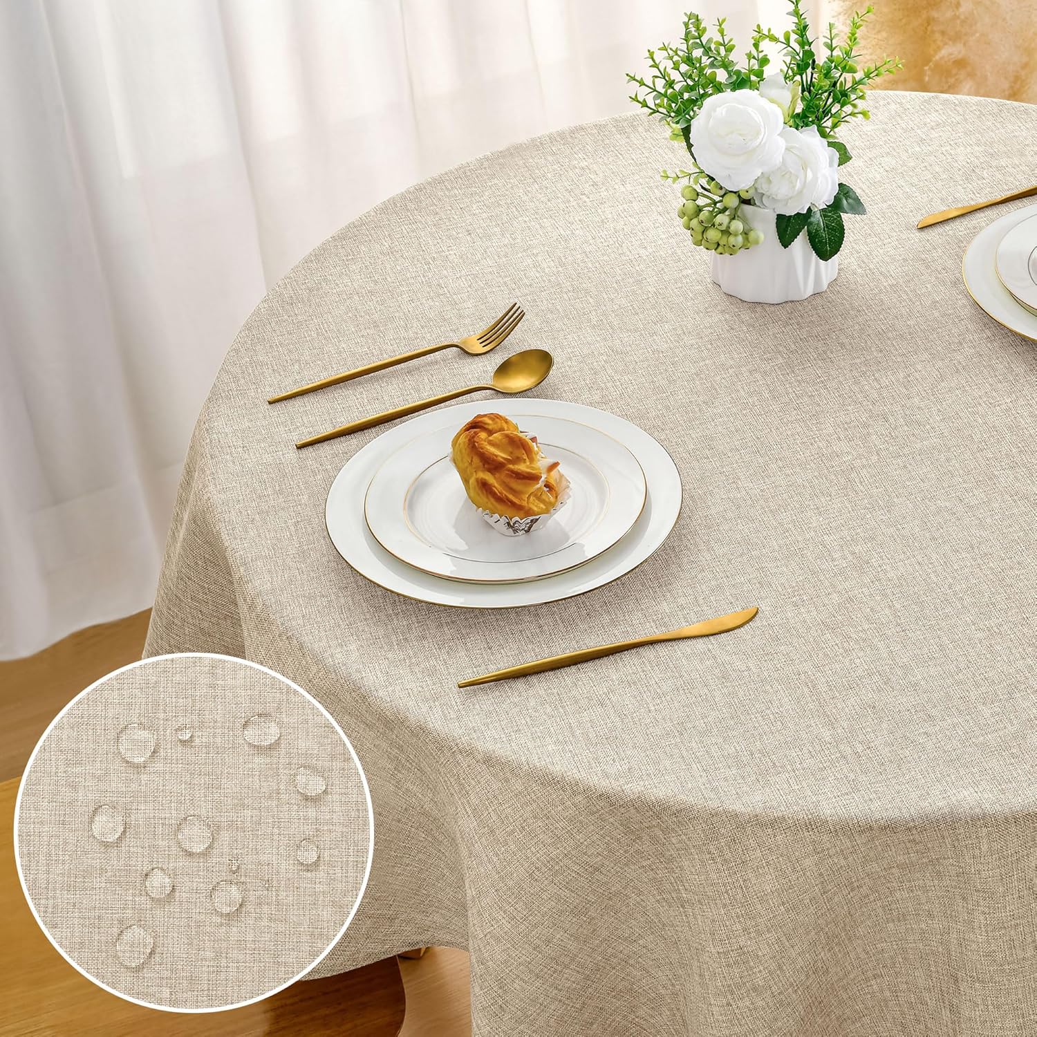 Nappe ronde - lin beige 160 cm - imperméable, lavable, salle à manger