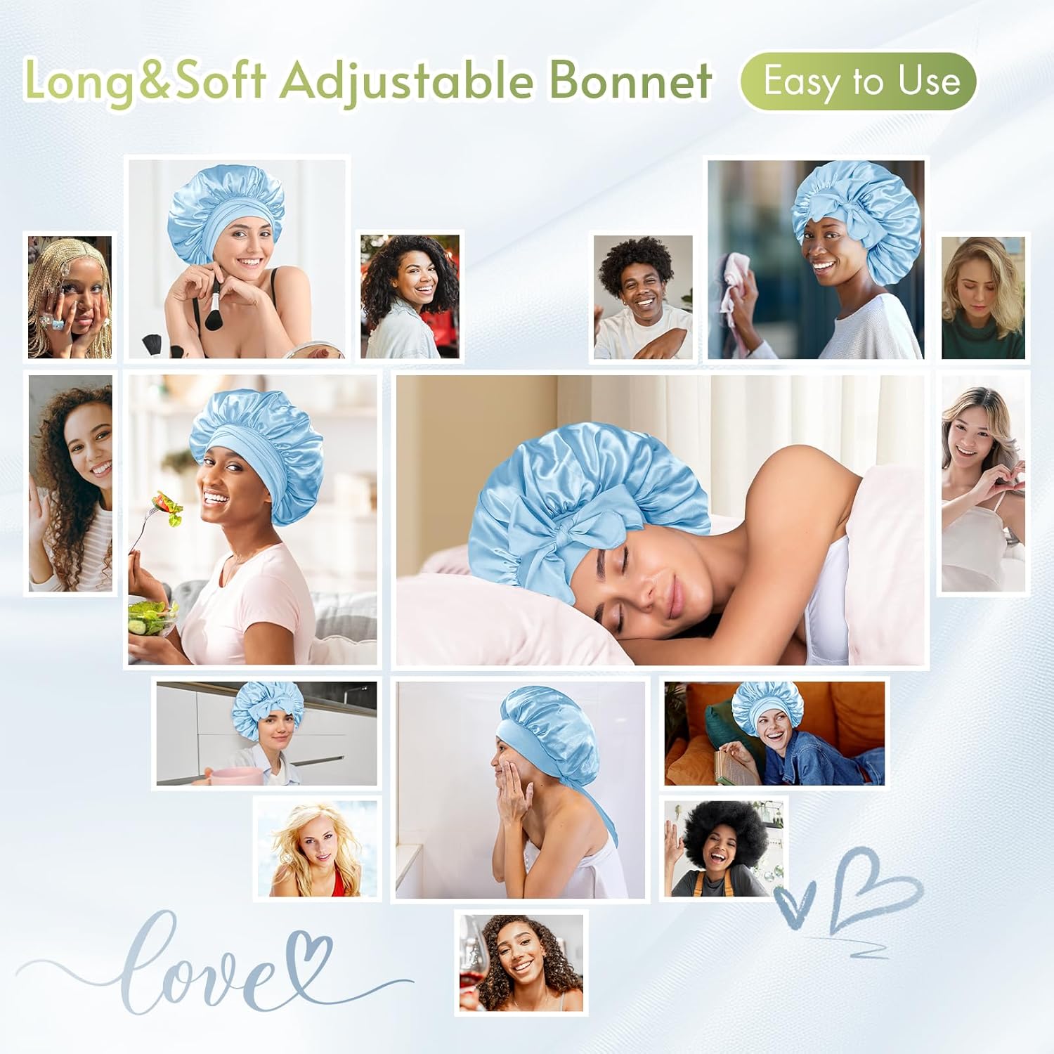 BONNET QUEEN - bonnet satin moyen - ajustable, cheveux bouclés, bleu clair
