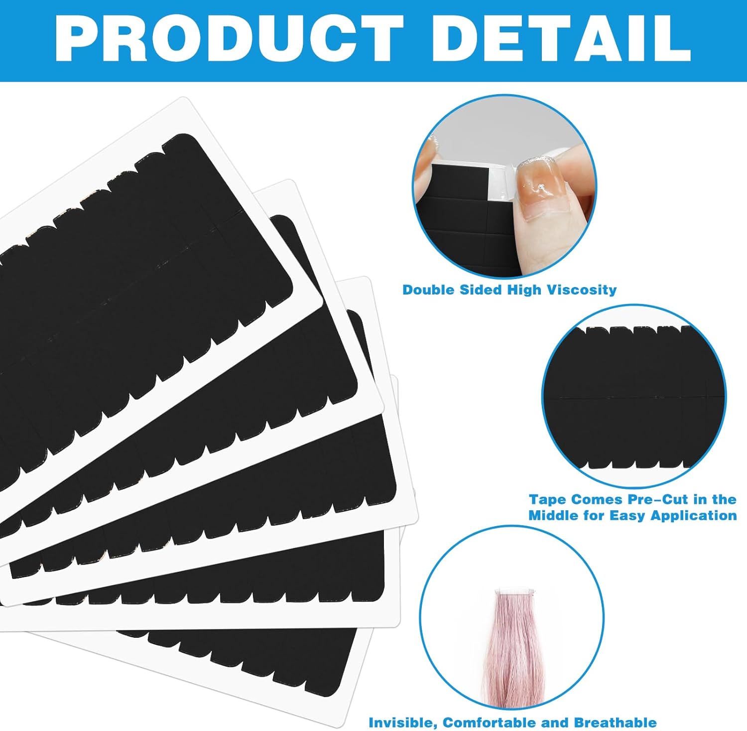 Ruban adhésif double face - 240 pièces - fixation cheveux, remplaçable, noir