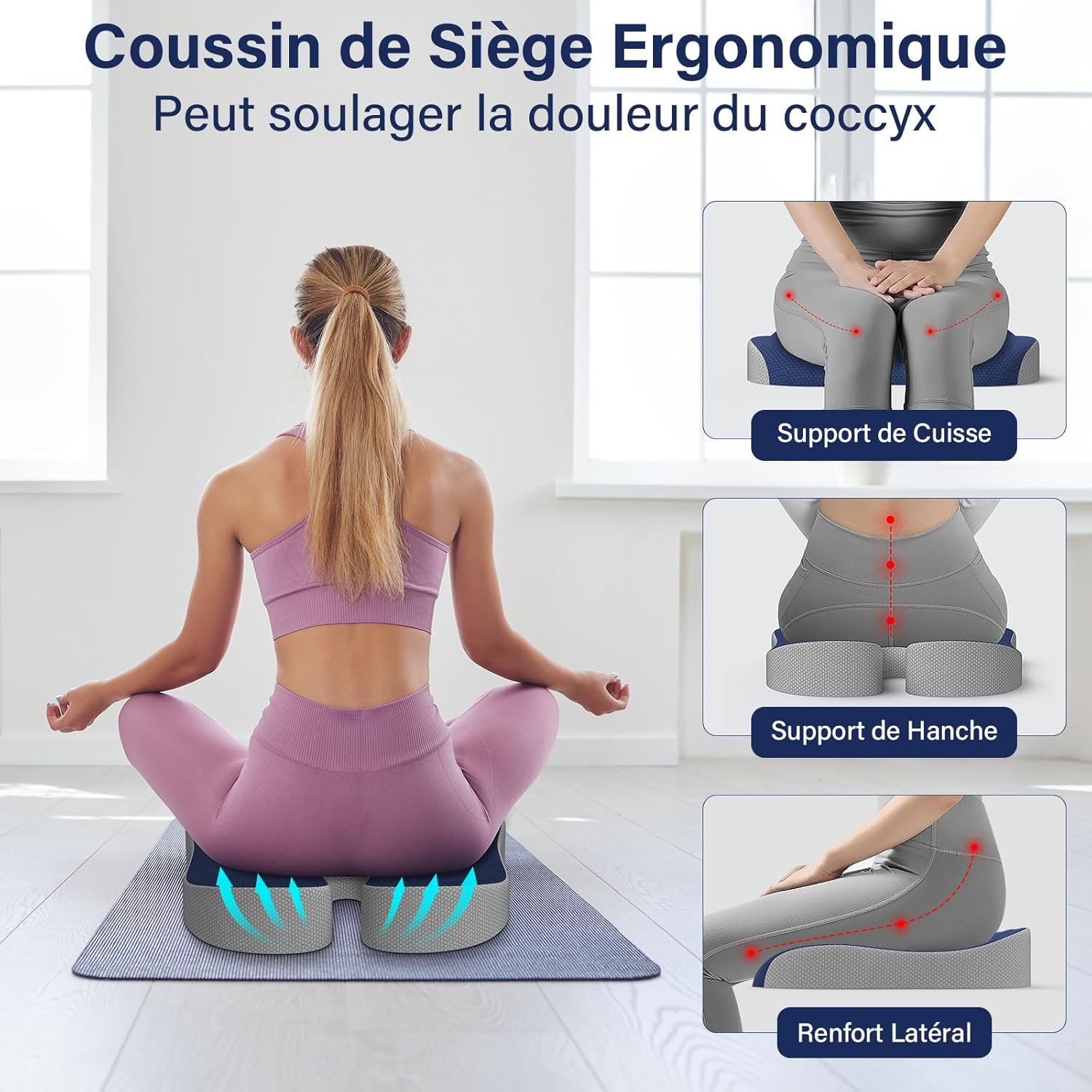 Coussin de siège - ergonomique pour coccyx, chaise, voiture, soulage douleurs sciatiques, bleu marine