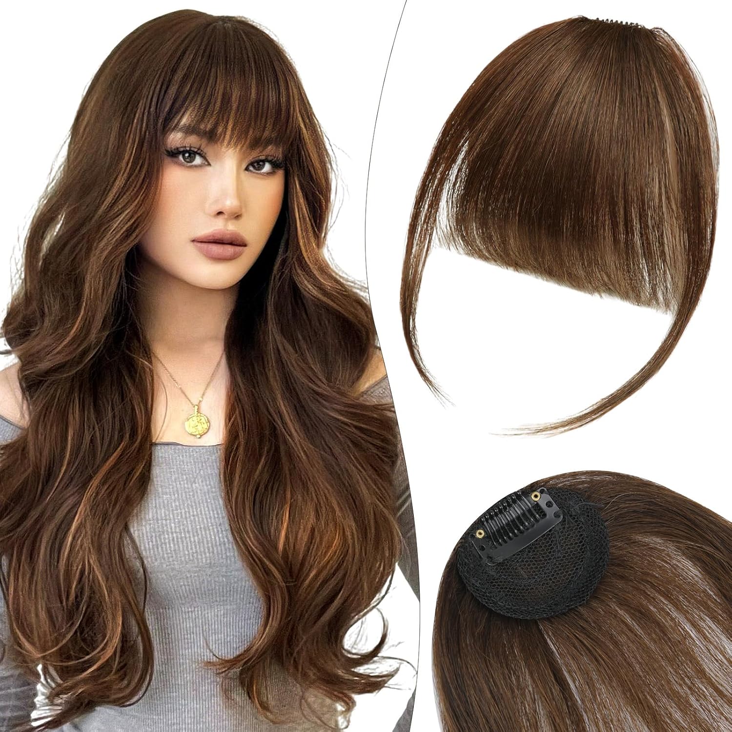 LOPHE - Extension cheveux frange clip - marron clair - pré-coupée, plumes, pour femme