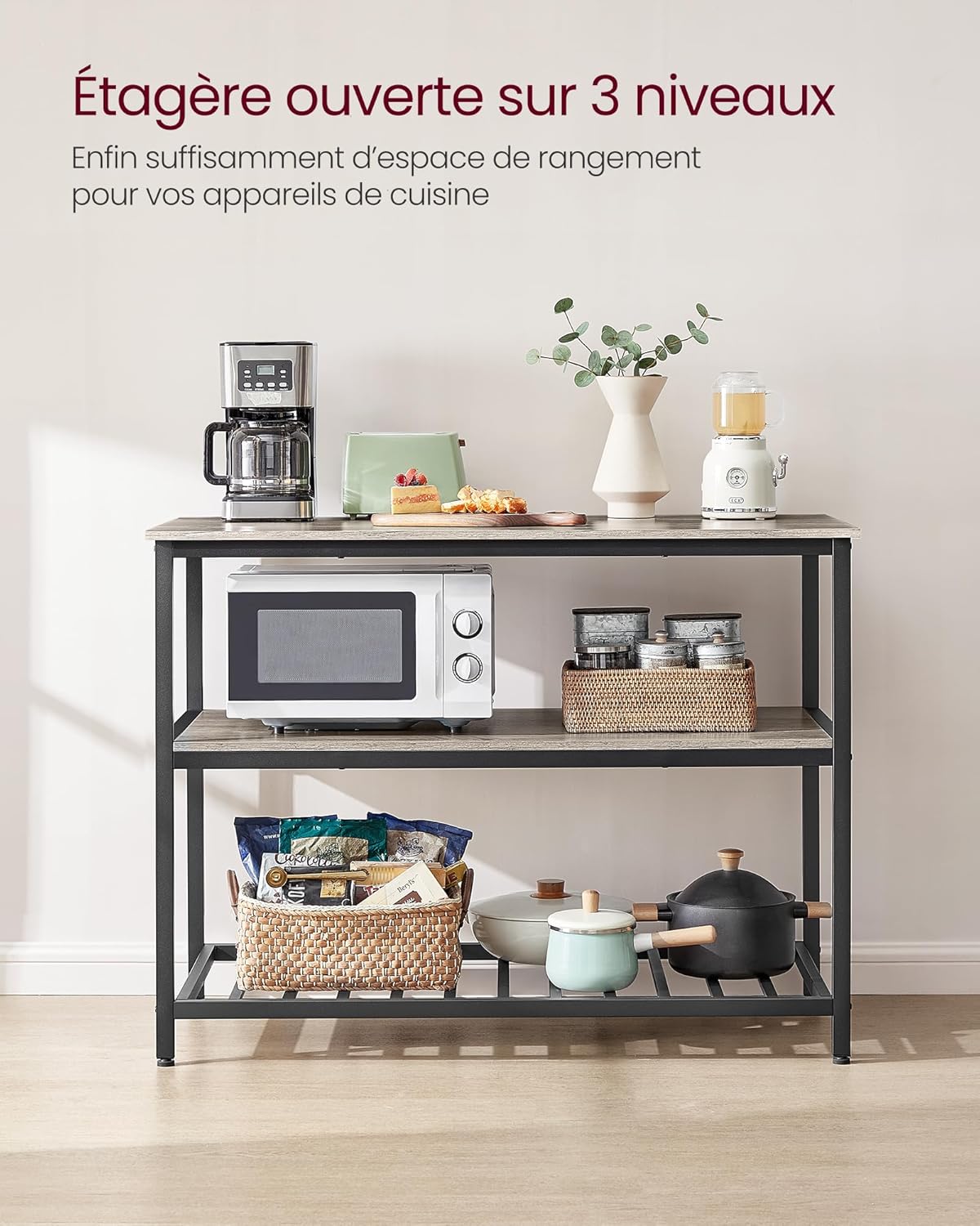 VASAGLE - îlot de cuisine industriel, 60x120x90 cm, 3 étages, KKI001B02