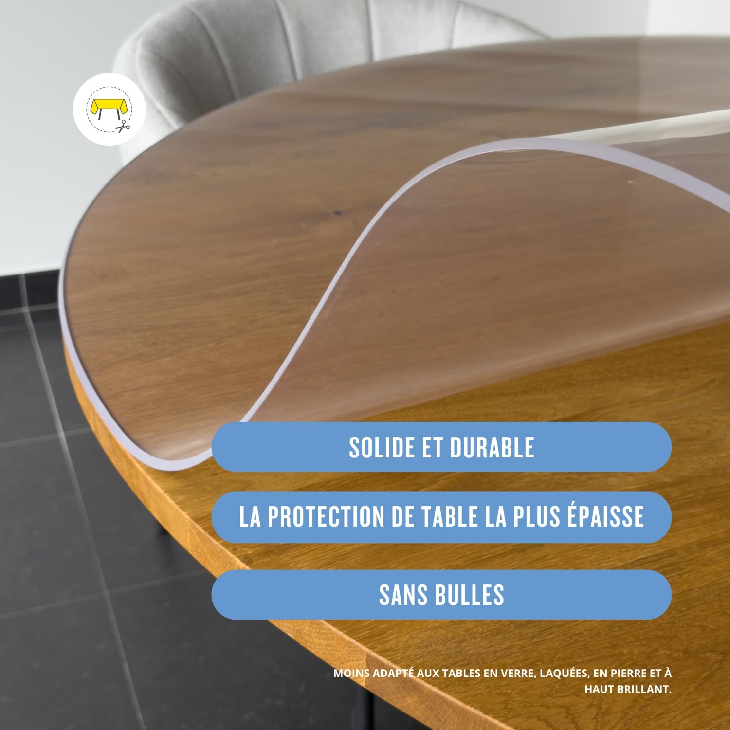Nappe transparente ronde 95cm, épaisseur 3mm, anti-tache, intérieur/extérieur