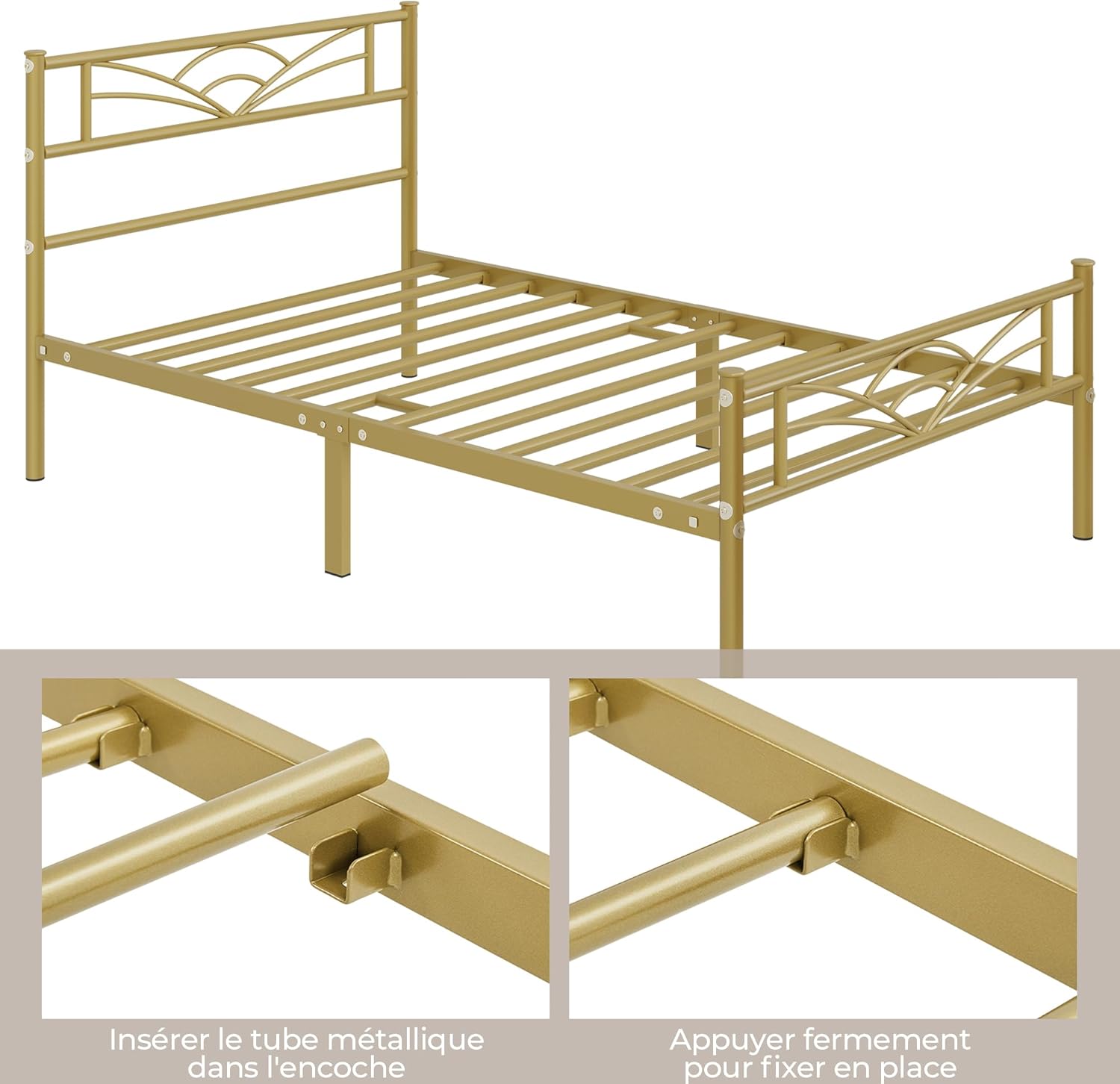 Yaheetech - lit simple métal - 90x200cm - montage facile, or antique