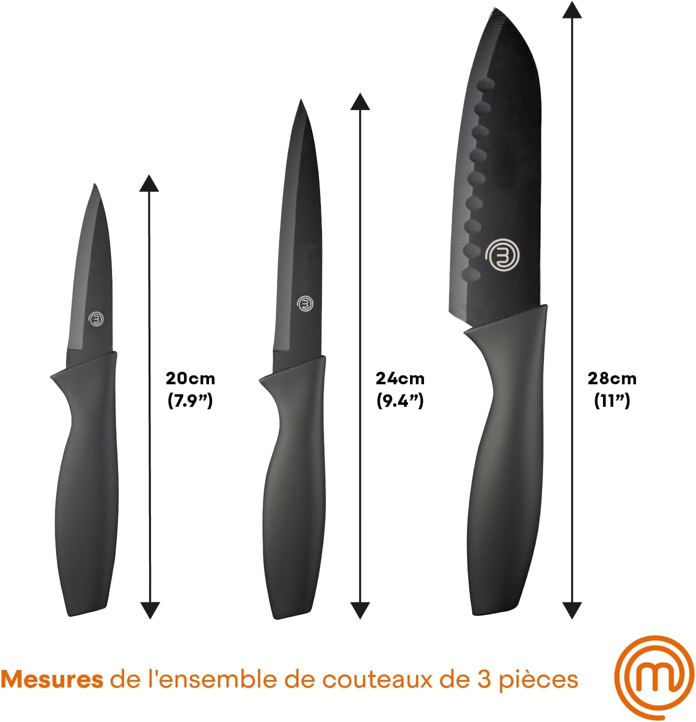 MasterChef - Set Couteaux cuisine, 3 pièces, inox, antiadhésif, manche ergonomique