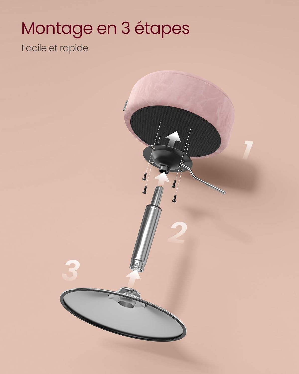 VASAGLE - Tabouret réglable, pivotant, coussin épais, PU, rose, LJB120S01