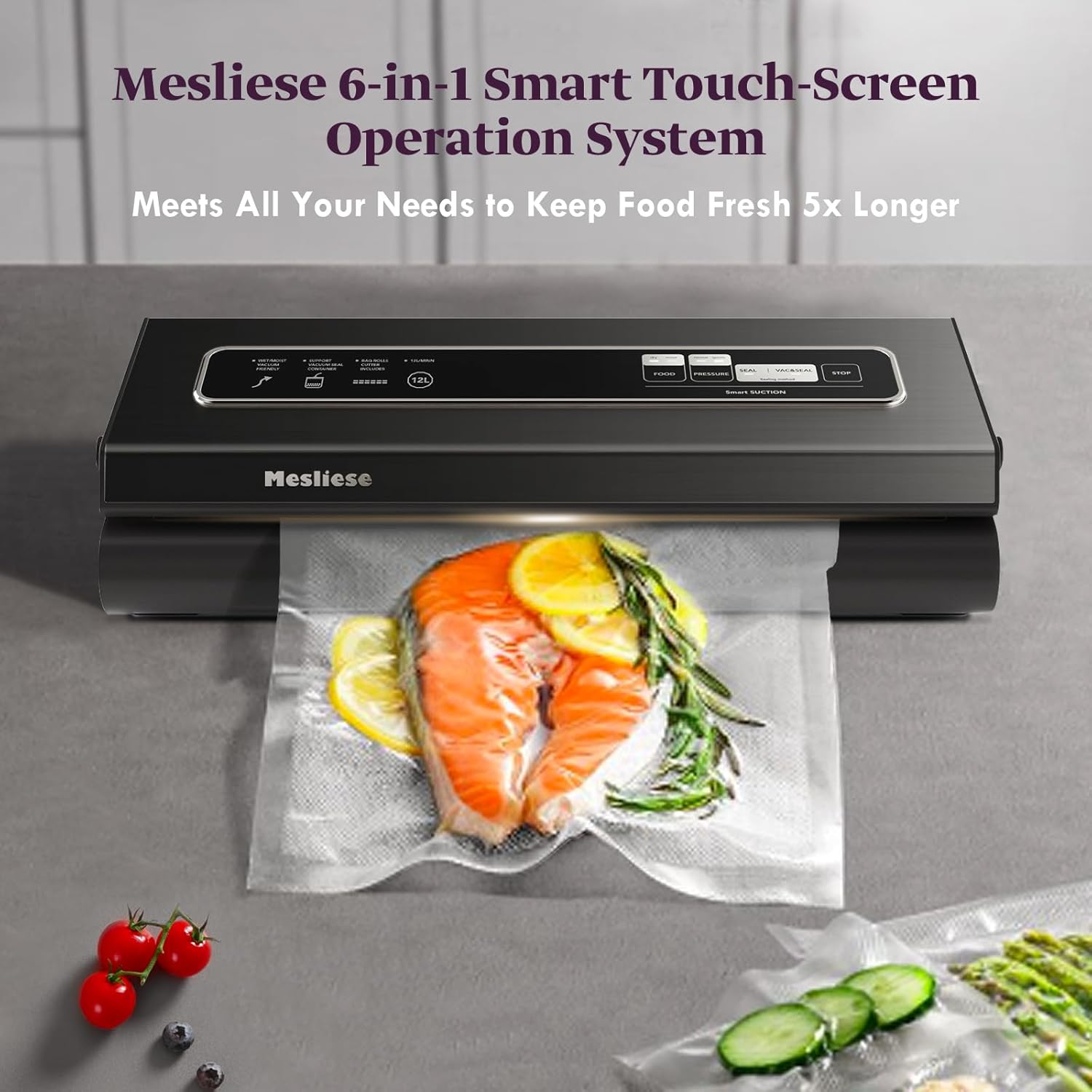 Mesliese - Machine Sous Vide 6-en-1, compacte, 90Kpa, gris, 2 rouleaux, 5 sacs