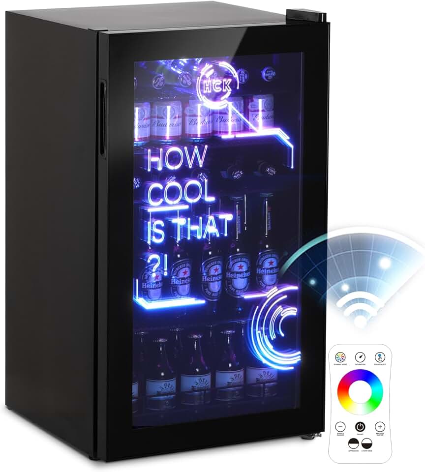 HCK - Mini Frigo 98L, éclairage LED, 0-10°C, silencieux, noir