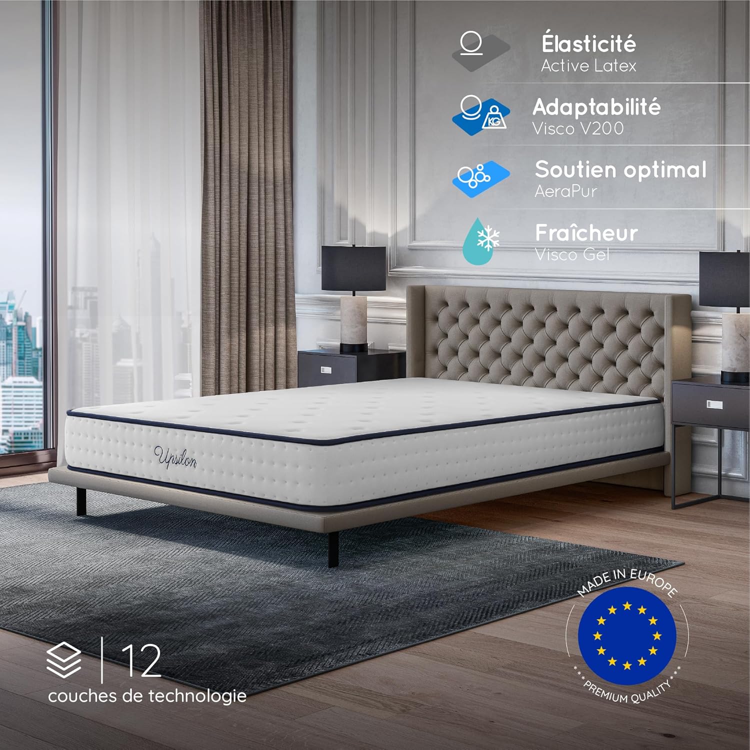 COSMOS - Upsilon - matelas 140x190, mémoire de forme, 24cm, mi-ferme, 7 zones, hypoallergénique