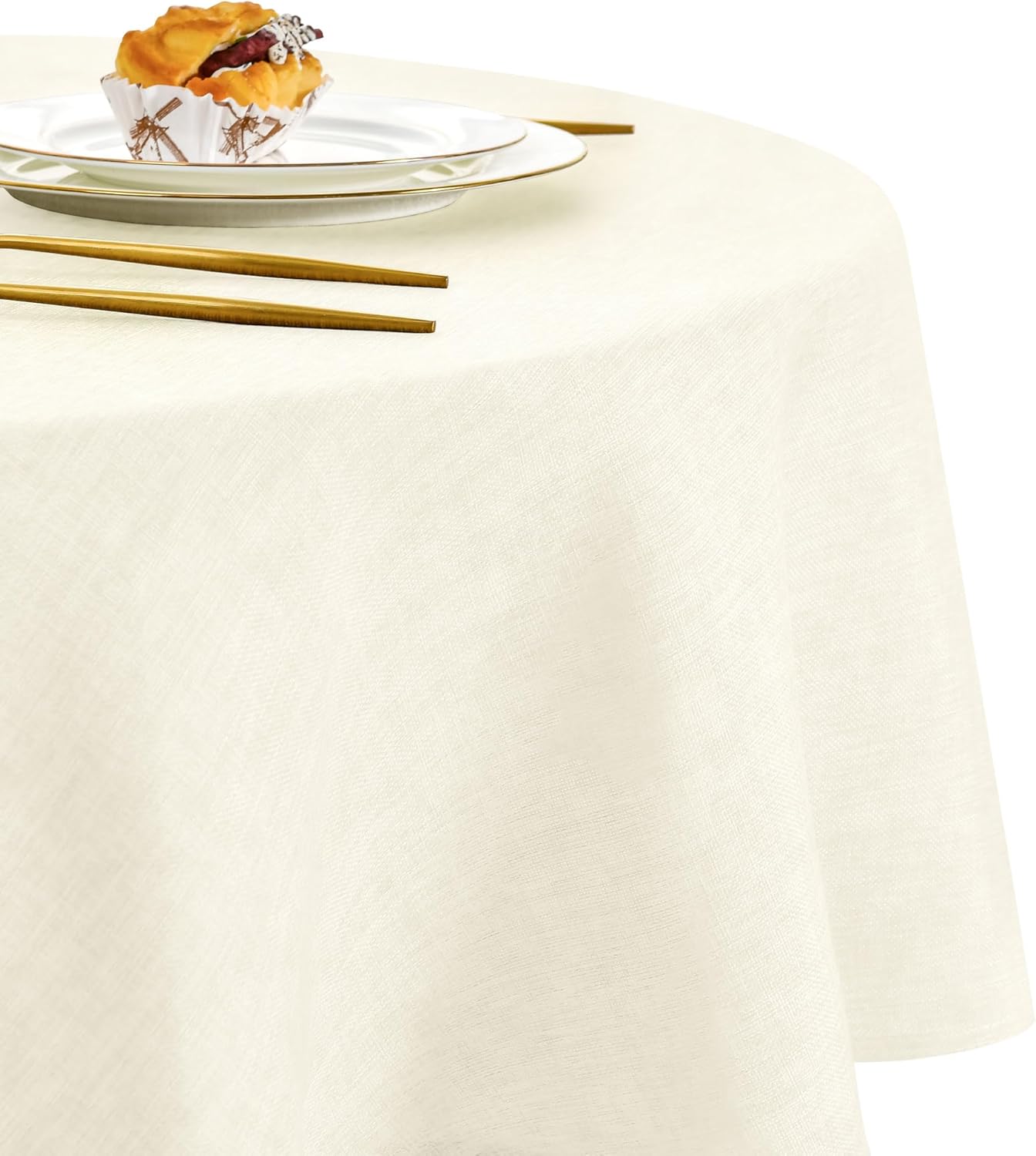 DWCN - Effet Lin rond 180 cm - nappe lavable imperméable champagne