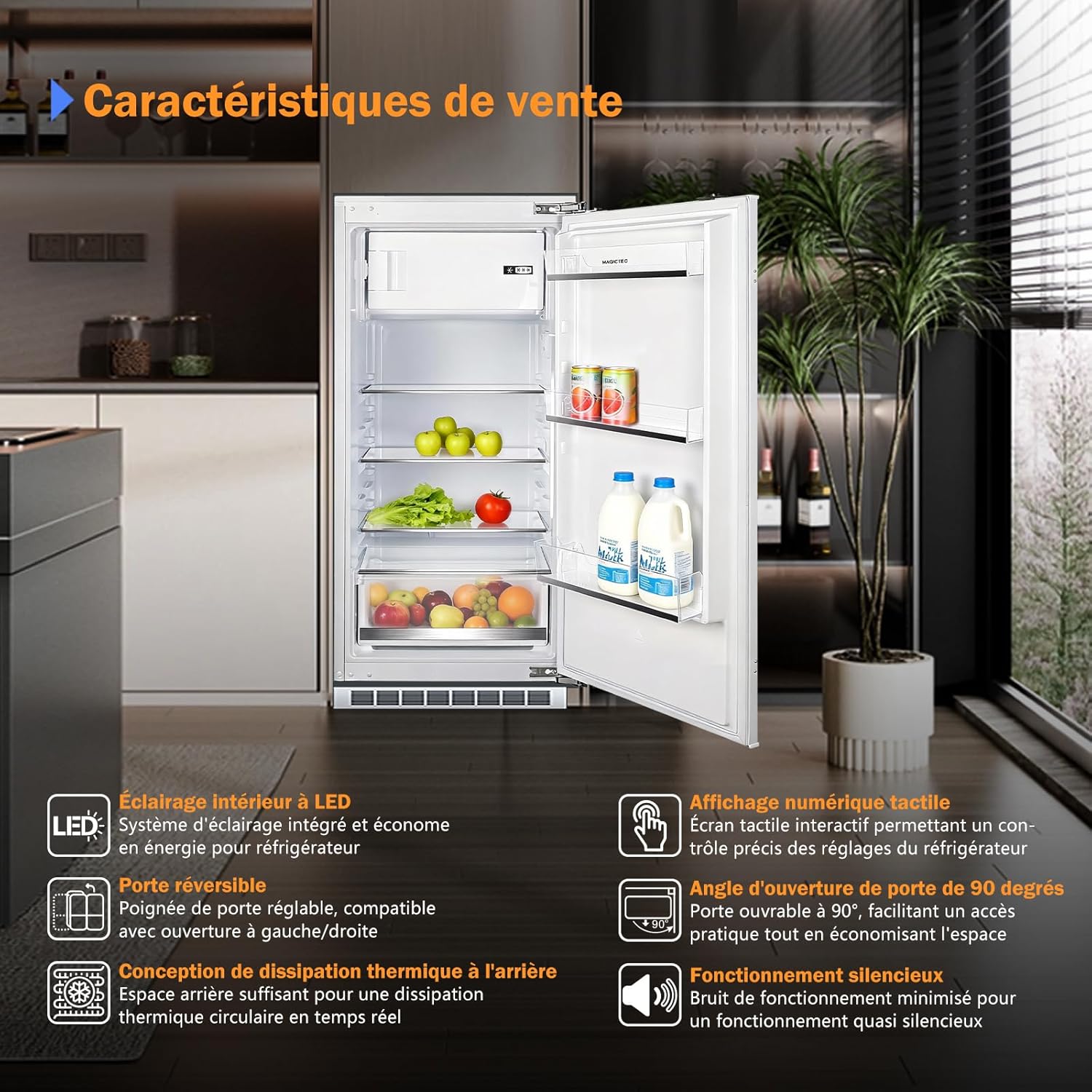 magictec - Réfrigérateur encastrable 188L, niche 122cm, congélateur, poignées interchangeables