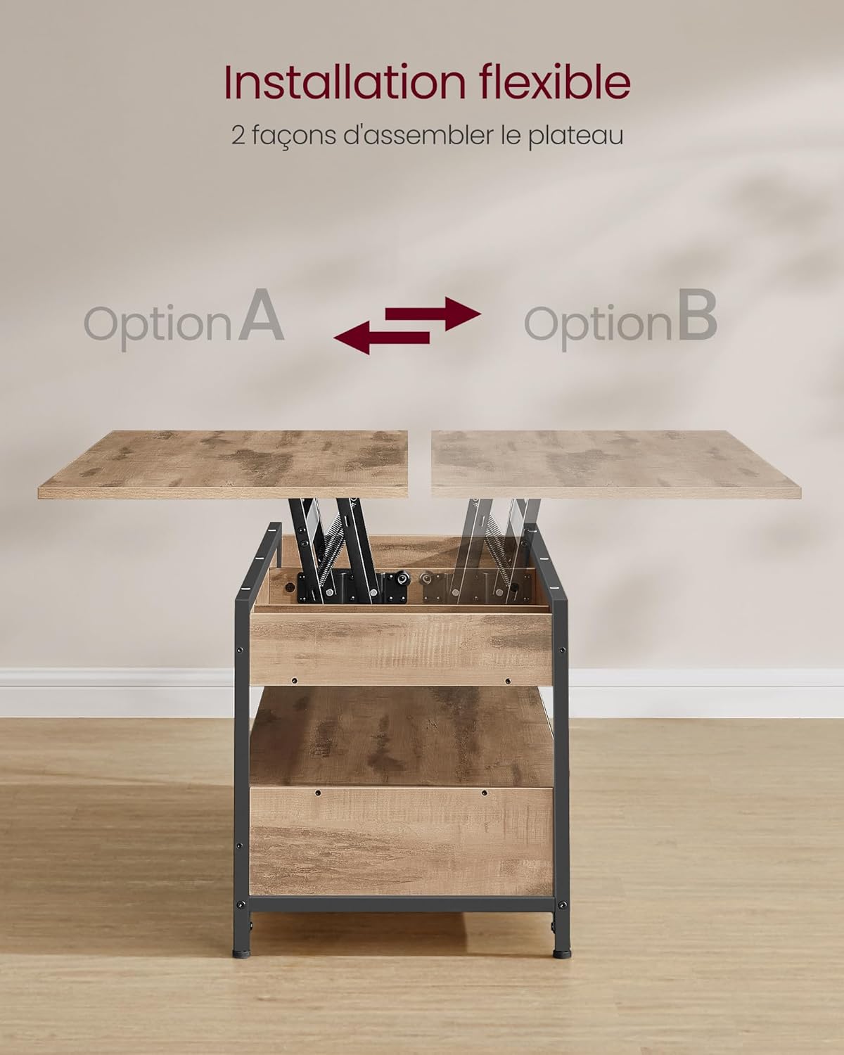 VASAGLE - table basse série LCT252K02 - 50x120cm - plateau relevable, tiroirs, rangements, marron/noir - LCT252K02