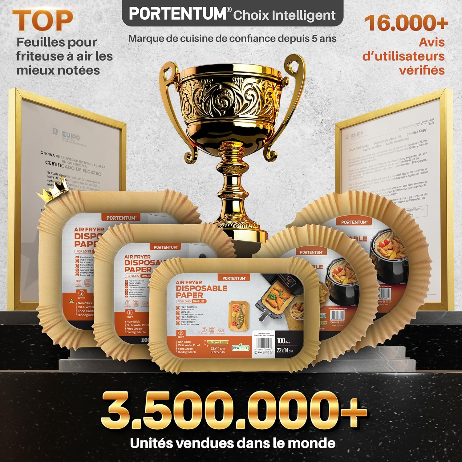 PORTENTUM - papier cuisson air fryer - 20x24cm - 100 pièces sans BPA