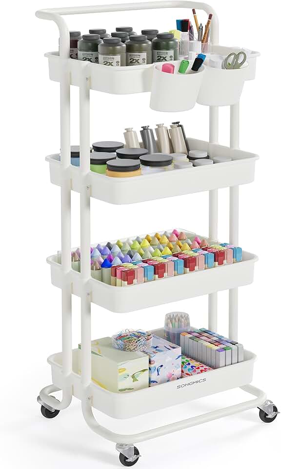 SONGMICS - Chariot de rangement 4 niveaux - poignées, roulettes, 2 pots, 2 freins - Blanc - BSC077WZ01