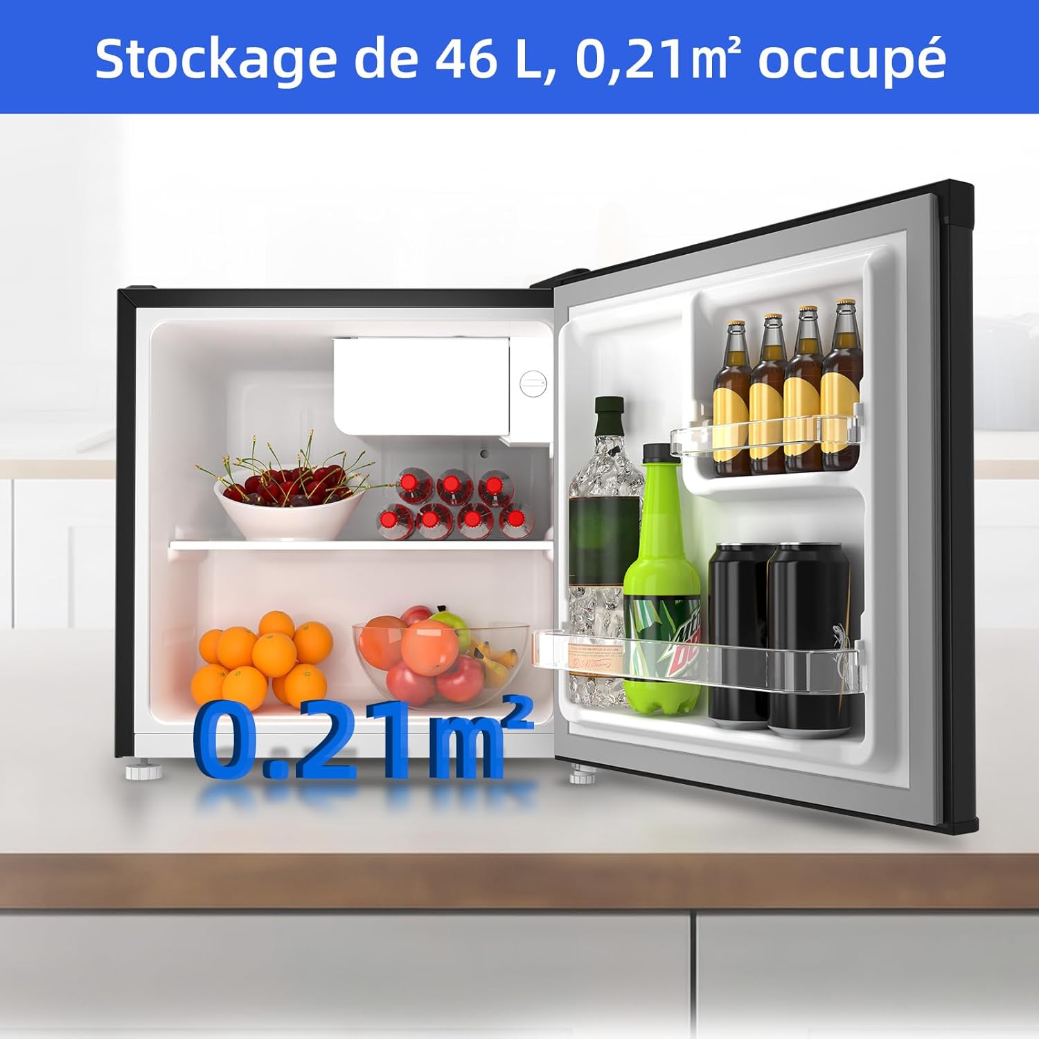 CHIQ - mini réfrigérateur compact 46L, silencieux, porte-bouteilles, thermostat réglable, 47x44,7 cm, CSD46D4E