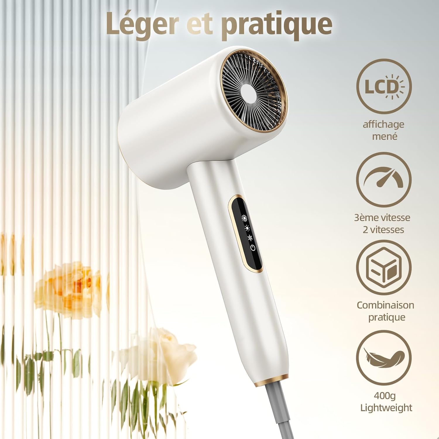 Sèche-cheveux - 2400W ionique léger - 3 températures, 2 vitesses, diffuseur, concentrateur