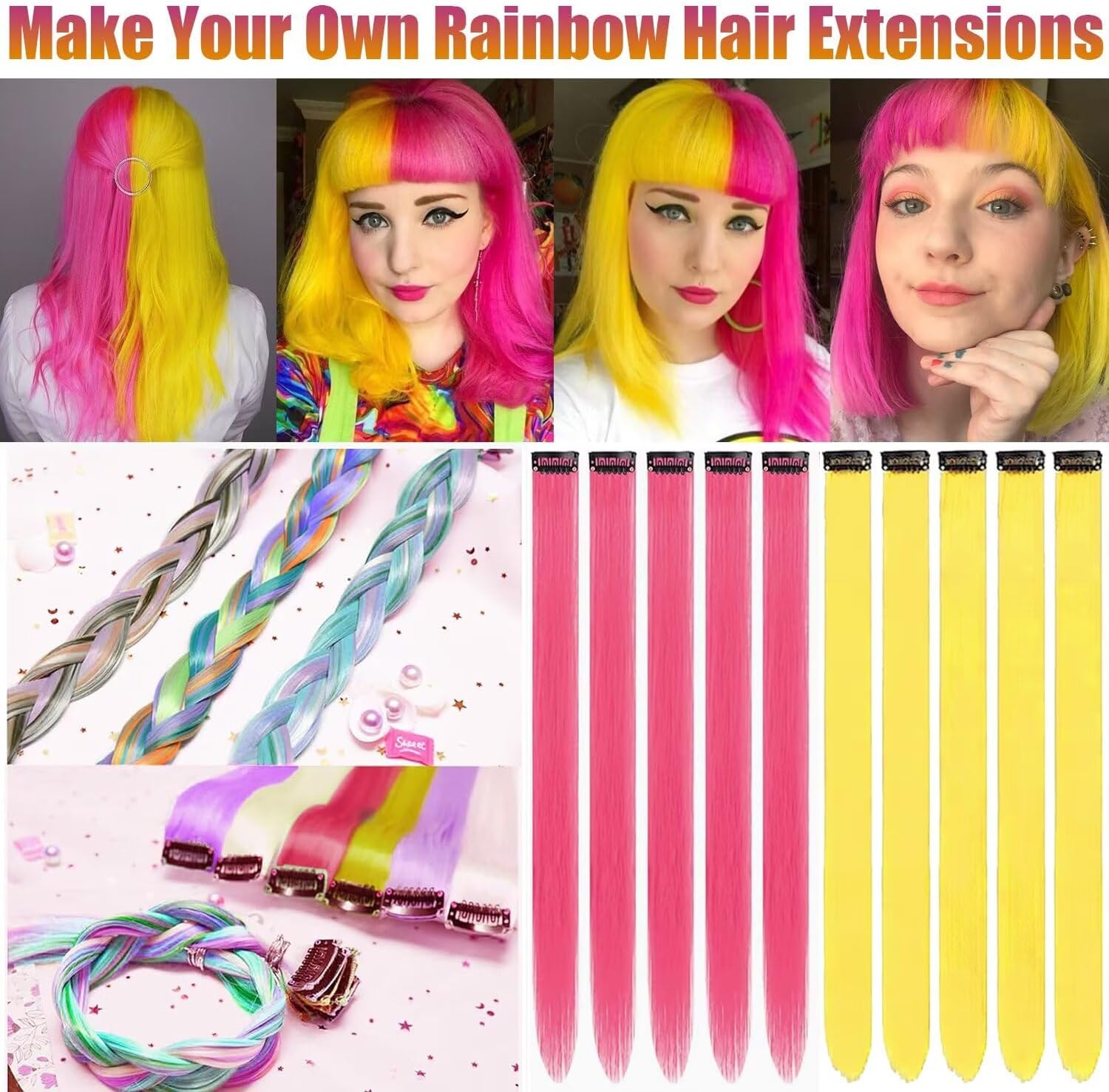 Extension cheveux – mèches rose pêche/jaune – 55cm, 12pc, clips, fête