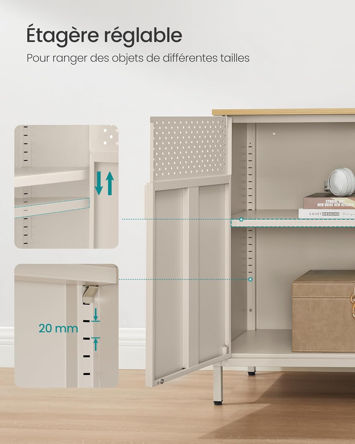 SONGMICS - Meuble de rangement double porte métal, 40x80x76 cm, beige, fermeture magnétique LSC102L01