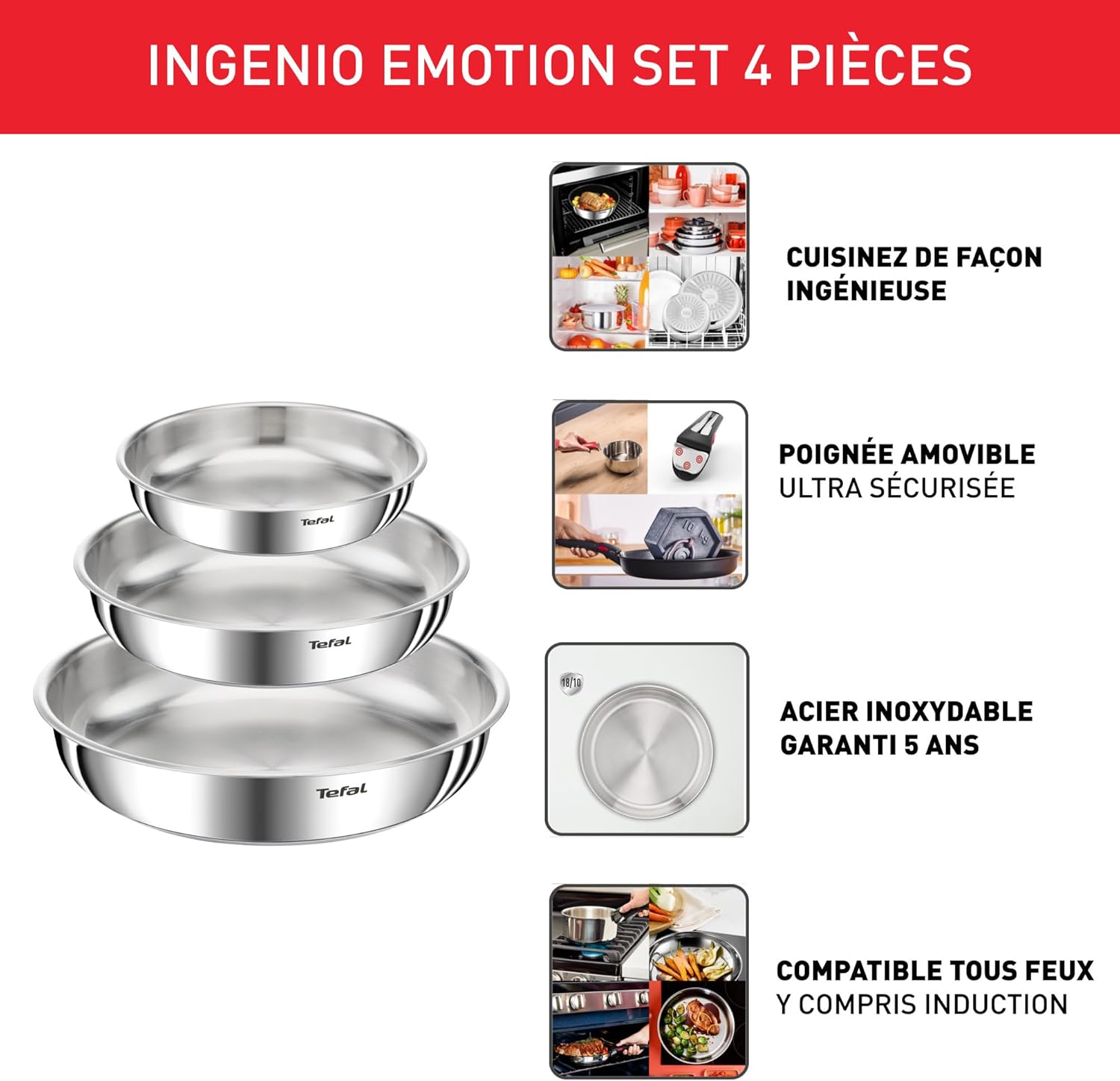 Tefal - Ingenio Emotion - poêles 22/24/28cm - poignée amovible induction L8968445
