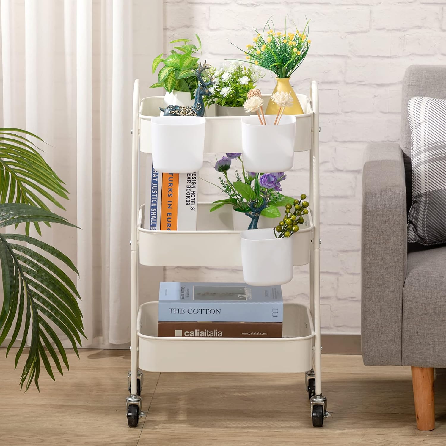 DOEWORKS - Chariot métal 3 niveaux à roulettes, blanc, rangement multiusage