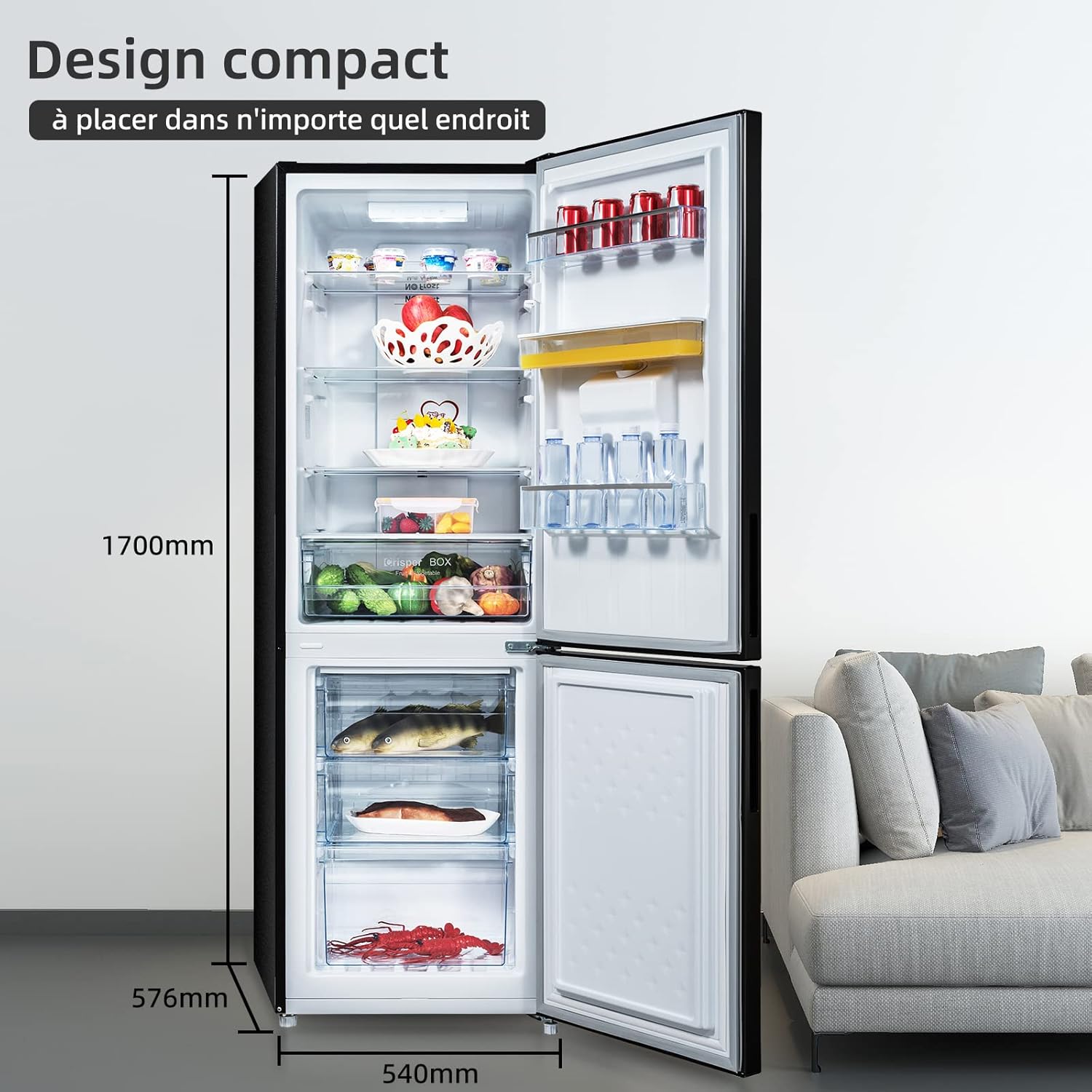 CHIQ - réfrigérateur bas inox noir 231L, No Frost, portes réversibles, FBM228NE4DE