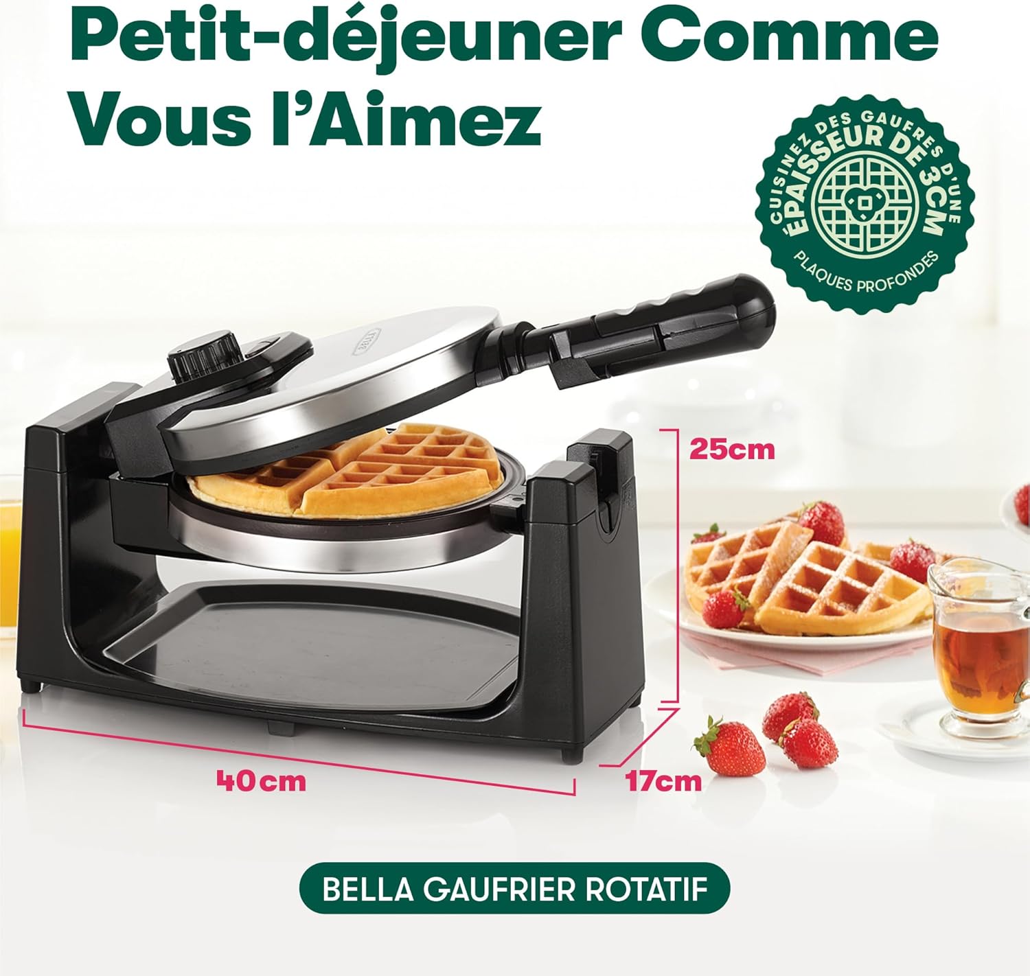Bella - Gaufrier rotatif inox, plaques antiadhésives, réglage brunissage