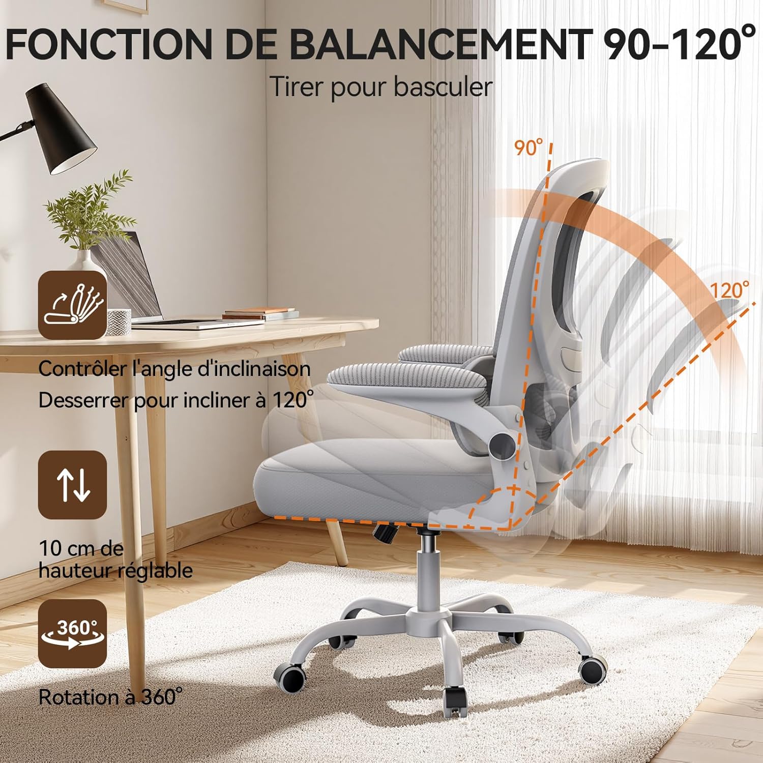 Naspaluro - chaise de bureau ergonomique, support lombaire, accoudoirs réversibles, maille respirante, gris