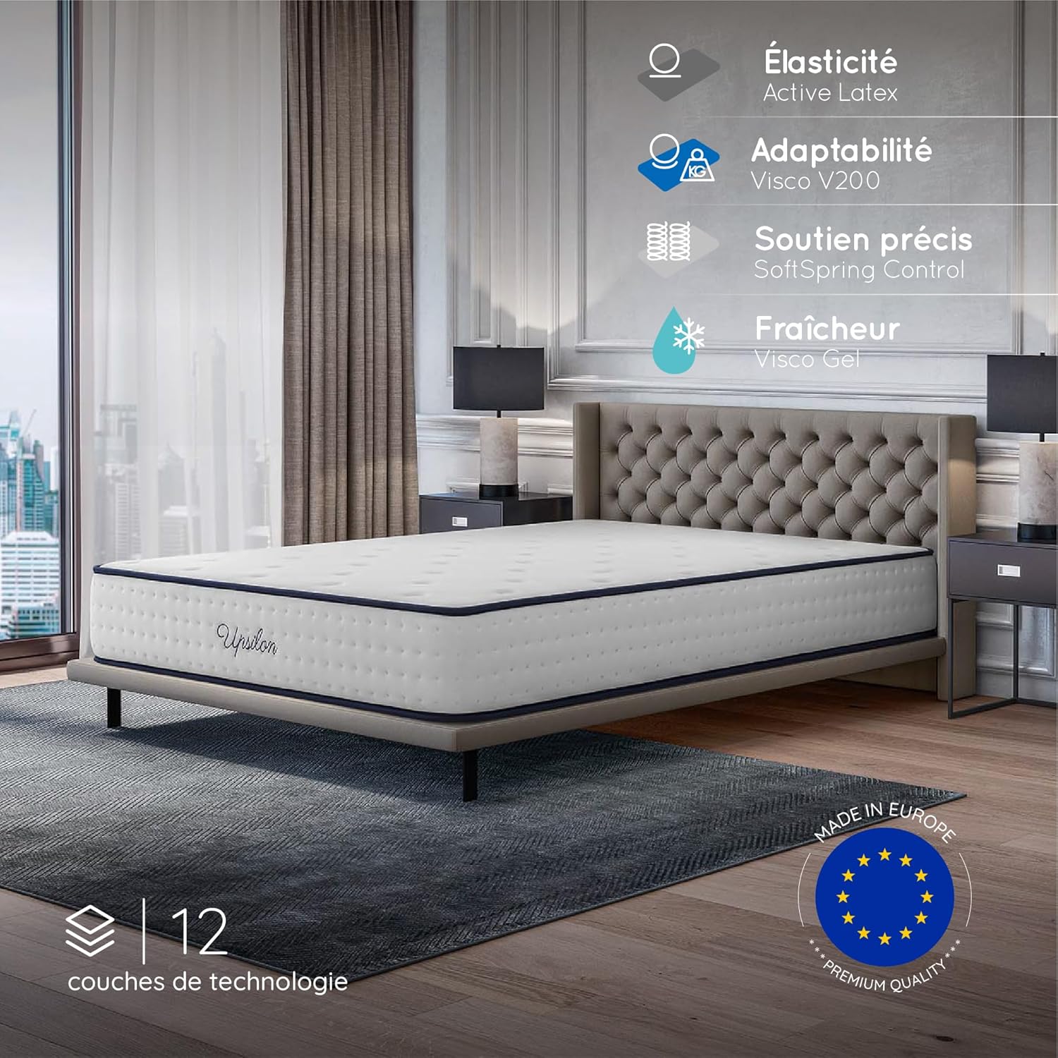 COSMOS - Upsilon hybride - 180x200 cm - mémoire forme, 7 zones, mi-ferme, réversible
