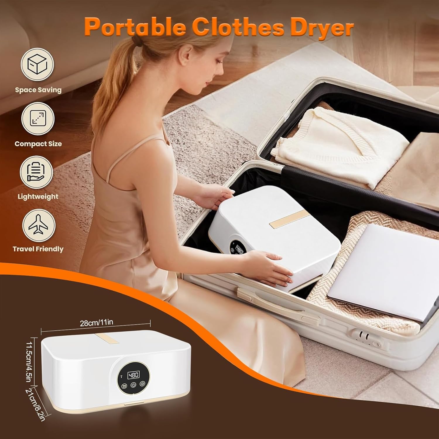 Mini sèche-linge portable 600W, compact, minuterie, usage domestique