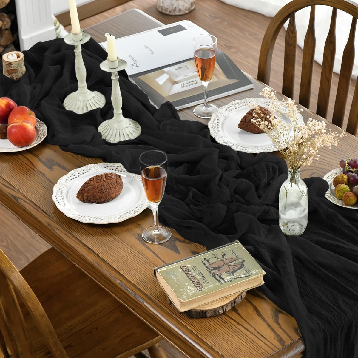 Artoid Mode - Chemins de table bohème noir - 300 cm - mousseline gaze, déco mariage/fête