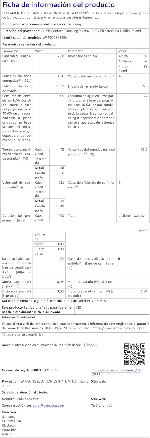 SAMSUNG - lave-linge frontal série 8000 - grande capacité, vapeur, 60x85x65 cm - WF20DG8650BV