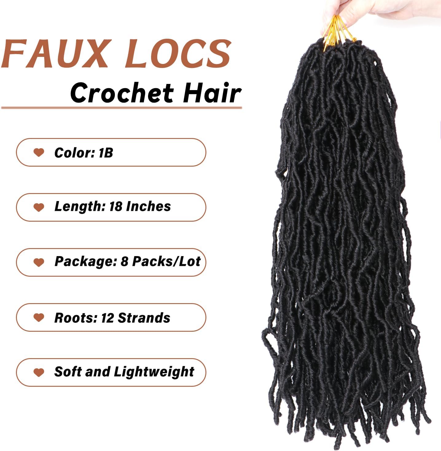Faux Locks Crochet Braids - 45,7 cm - 8 packs, mèches souples, #1B