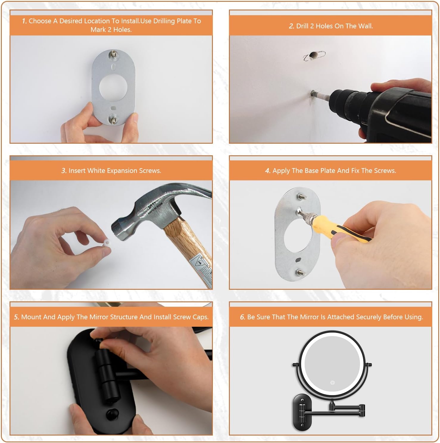 Auxmir - miroir mural série lumineuse, 8 pouces, grossissement 1X/30X, 3 couleurs, USB, écran tactile, pivotant