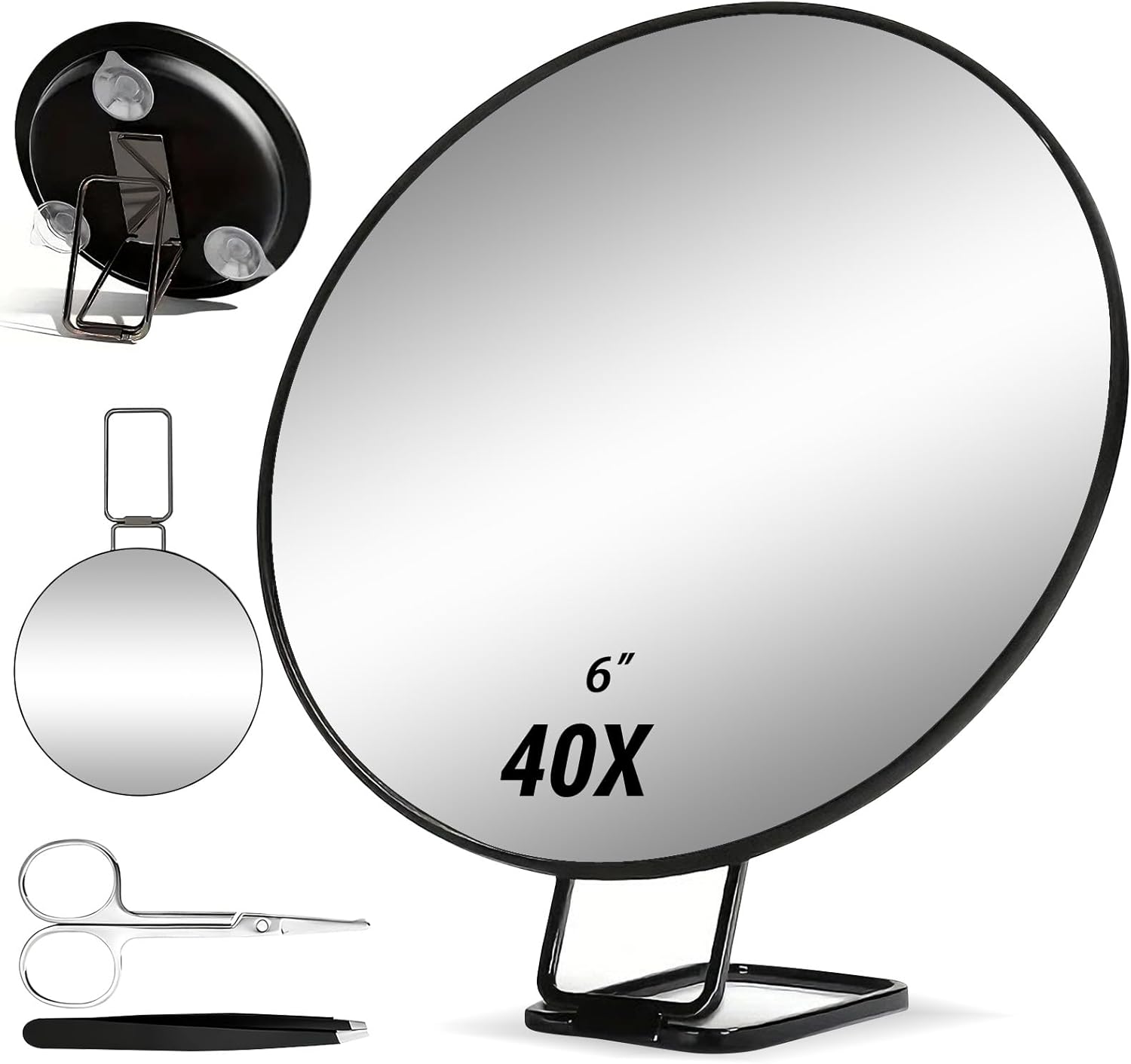 Miroir grossissant - 40x - support, pince à épiler, ciseaux, maquillage